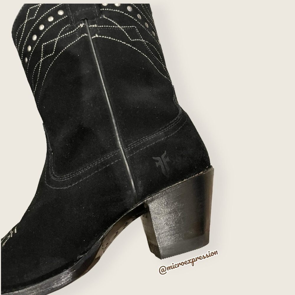 1980 Frye VINTAGE Black Suede Leather Embroidered Boho PullOn Heeled Cowboy Boot - Picture 12 of 14